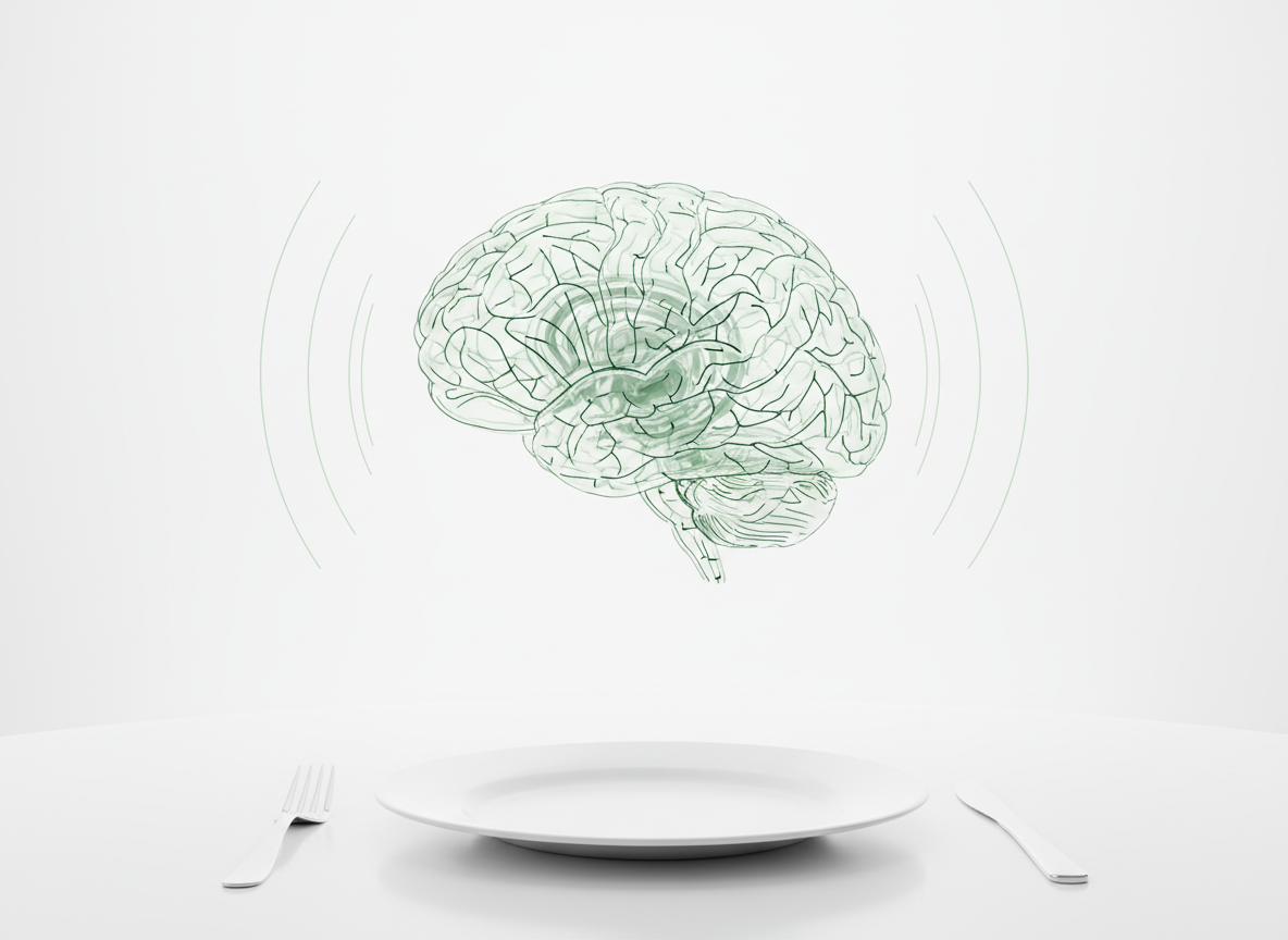 Glass hologram of a human brain in luminous green lines with faint sound waves around it, beside a white plate