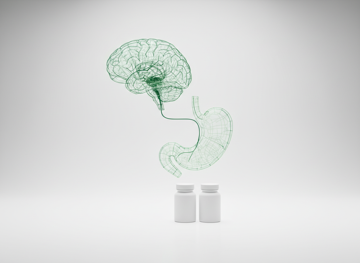 Glass hologram of a human brain and stomach connected by a luminous green line, beside two white pill bottles