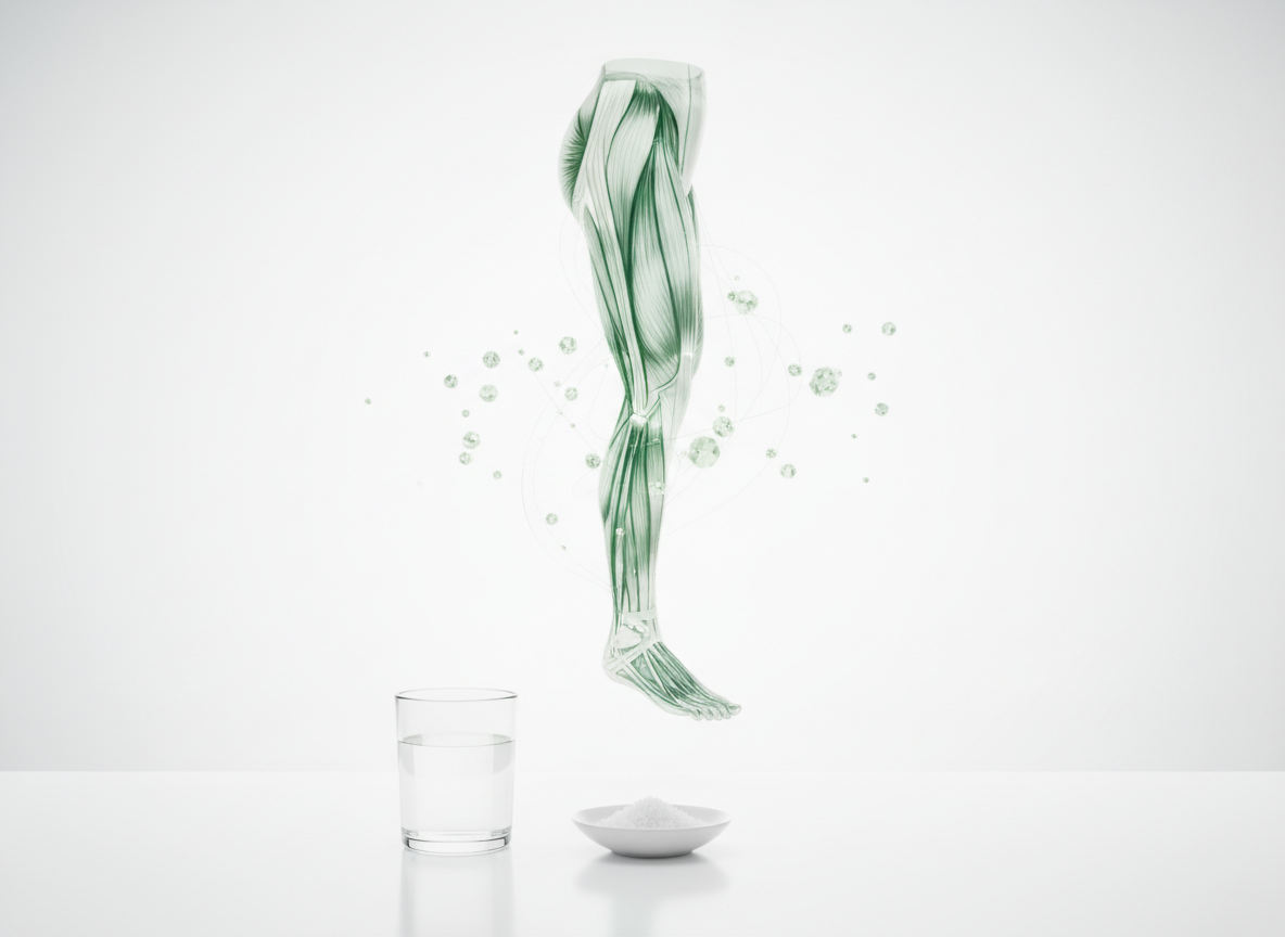 Glass hologram of a human calf muscle drawn in luminous green lines beside a glass of water with a pinch of salt