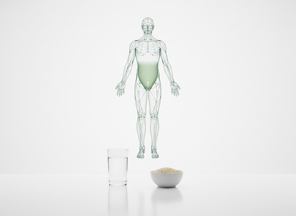 Glass hologram of a battery-shaped outline of a human body in luminous green lines, half filled, beside a glass of water