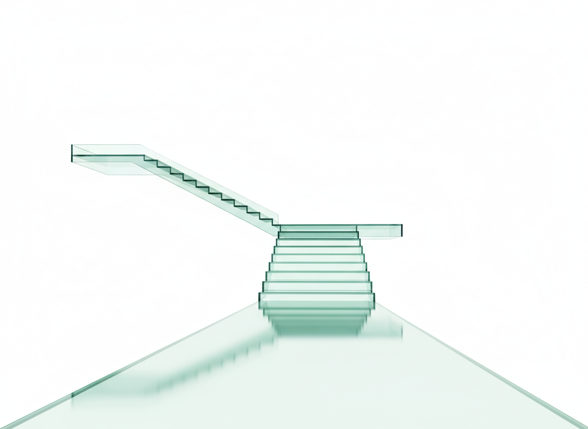 Glass hologram of stairs reaching a flat landing on white