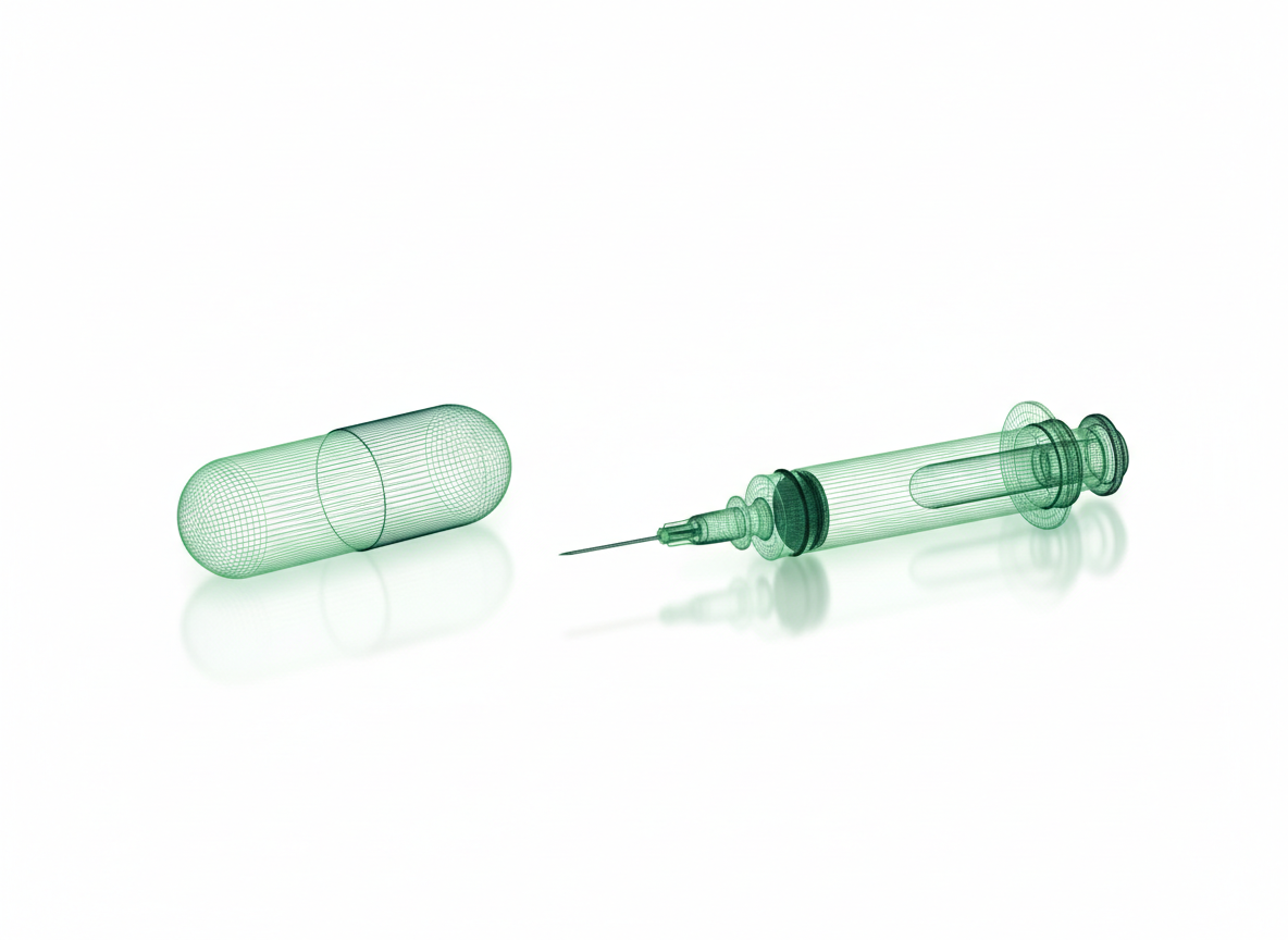Glass hologram of a capsule and an injection pen on white