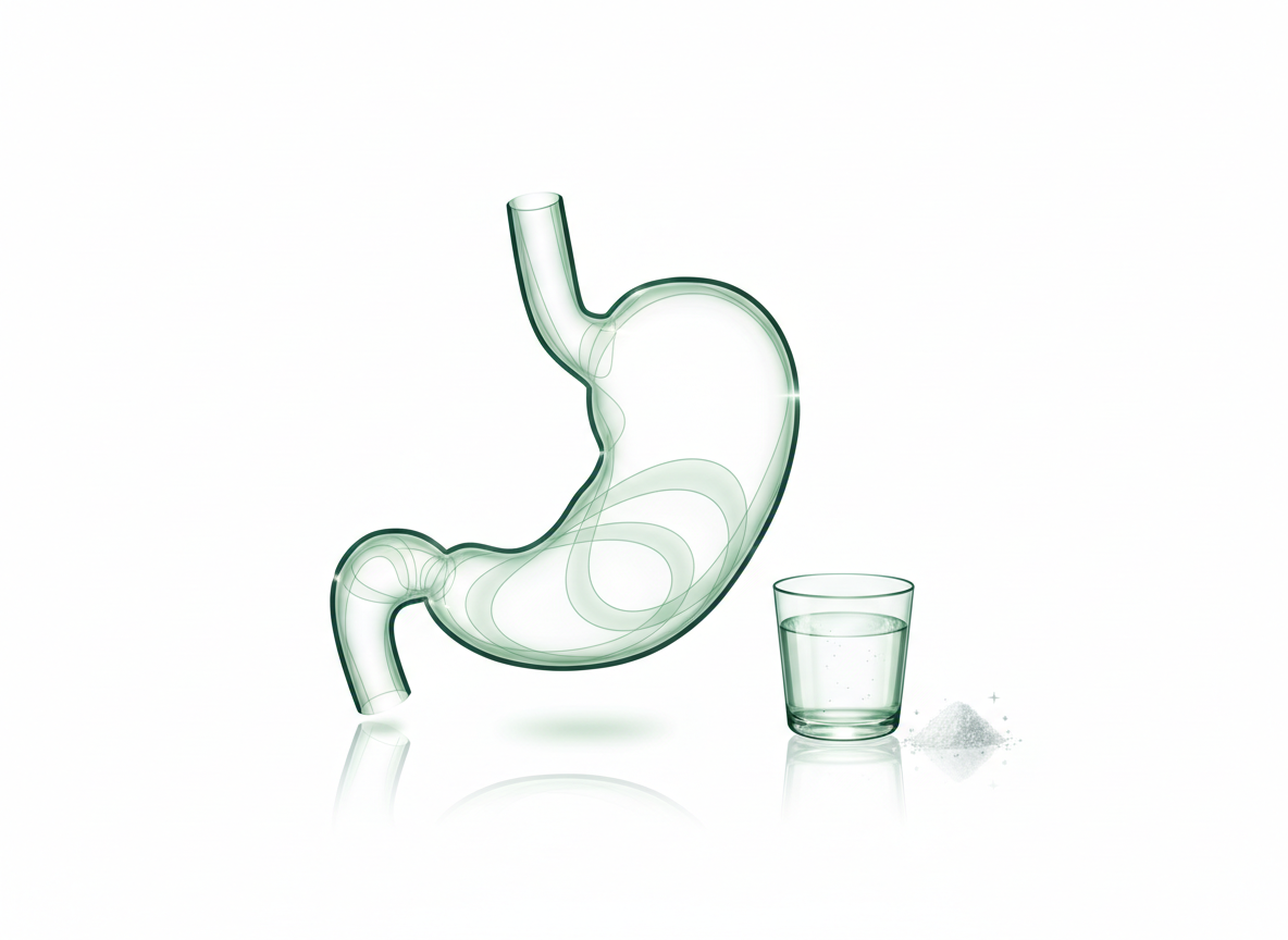 Glass hologram of a stomach outline, a glass of water and salt on white
