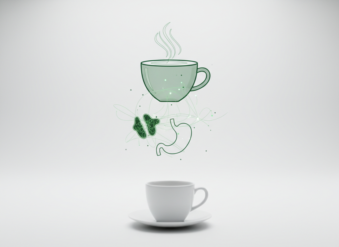 Glowing green hologram of a coffee cup above a cluster of taste buds and a stomach outline, with a white ceramic cup on a white surface