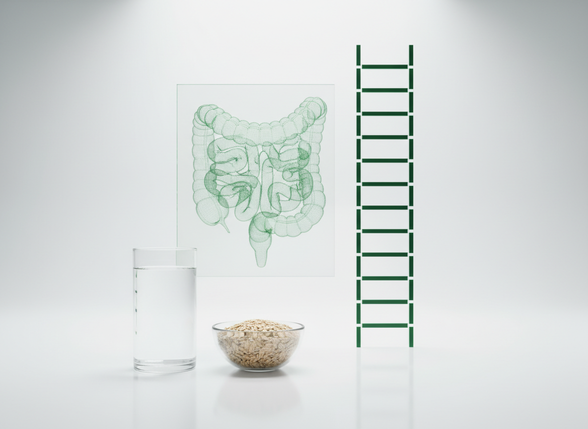 Glowing green hologram of a step-by-step ladder rising beside a stylized intestine, above a glass of water on a white surface