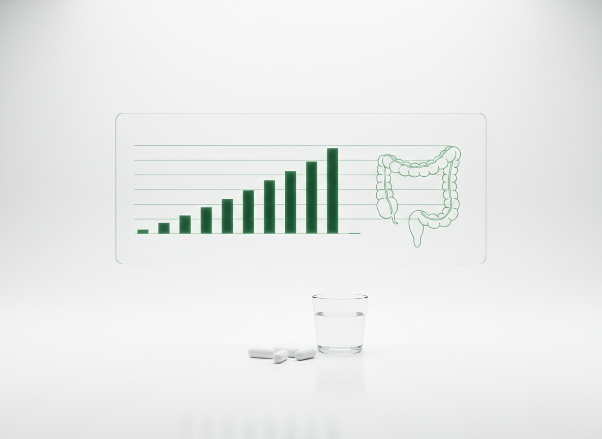 Glass hologram of a bar chart next to an intestine outline in green light, with a glass of water and capsules on a white surface