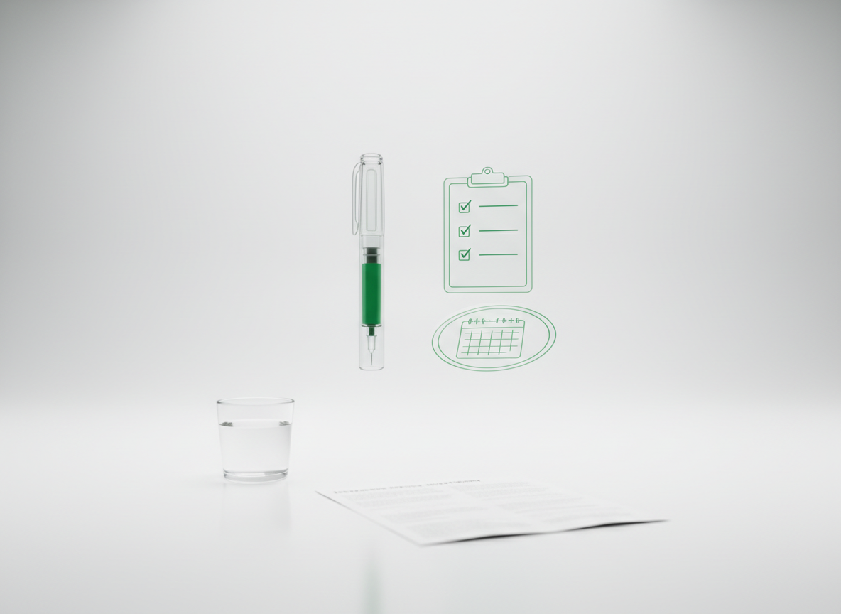 Green glass hologram of an injection pen, a checklist and a weekly calendar ring floating over a white surface