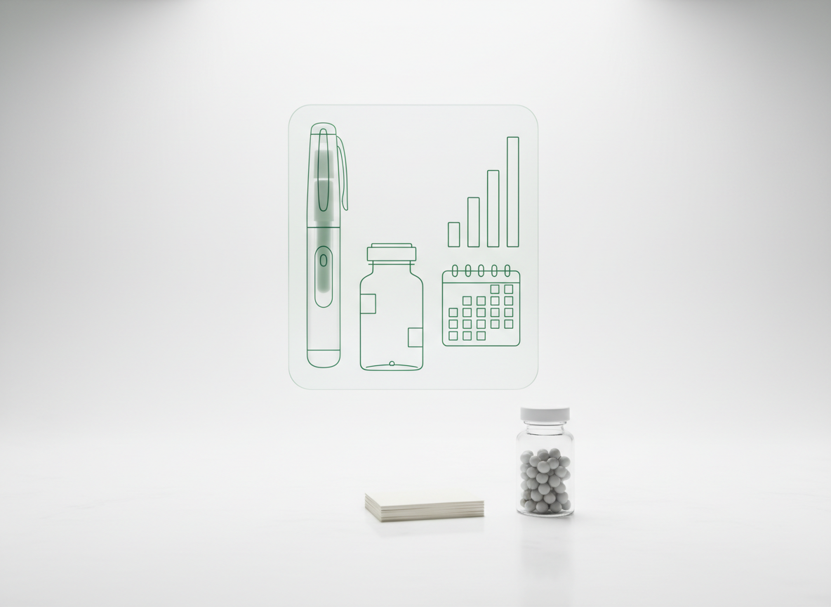 Glowing green hologram of a medication pen, a pill bottle, a rising bar chart and a calendar grid floating in white space