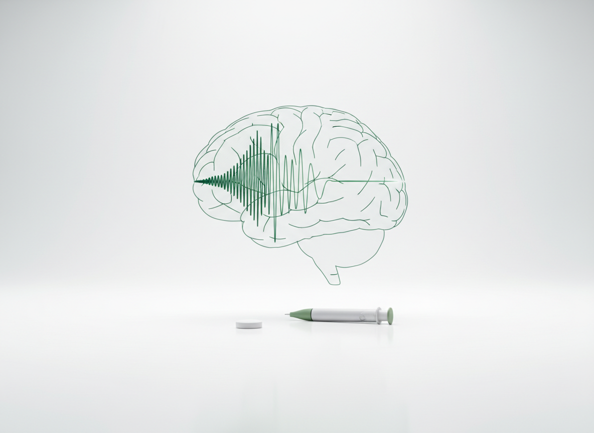 Green glass hologram of a brain outline above a small tablet and an injection pen, with sound waves fading to calm