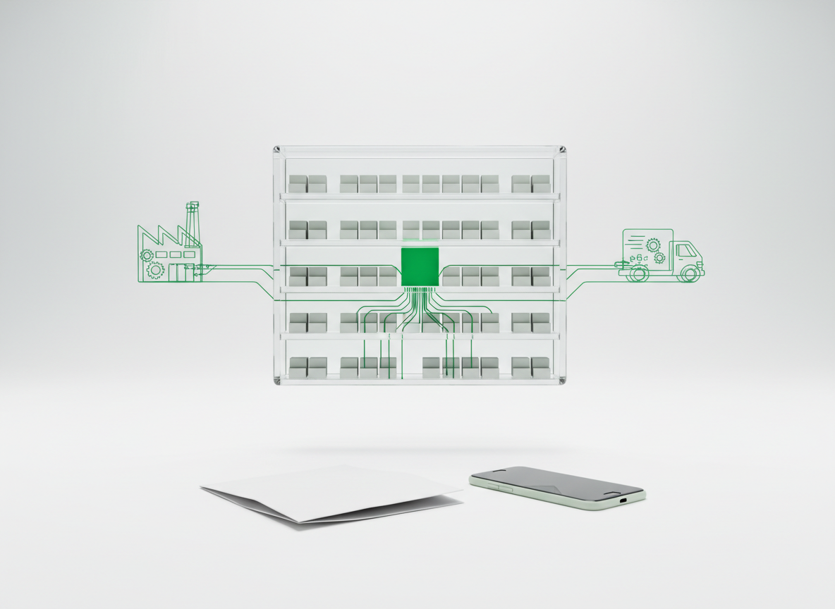 Glowing green hologram of pharmacy shelves with one empty slot and a supply-chain route map, above a prescription bag and a phone on a white surface