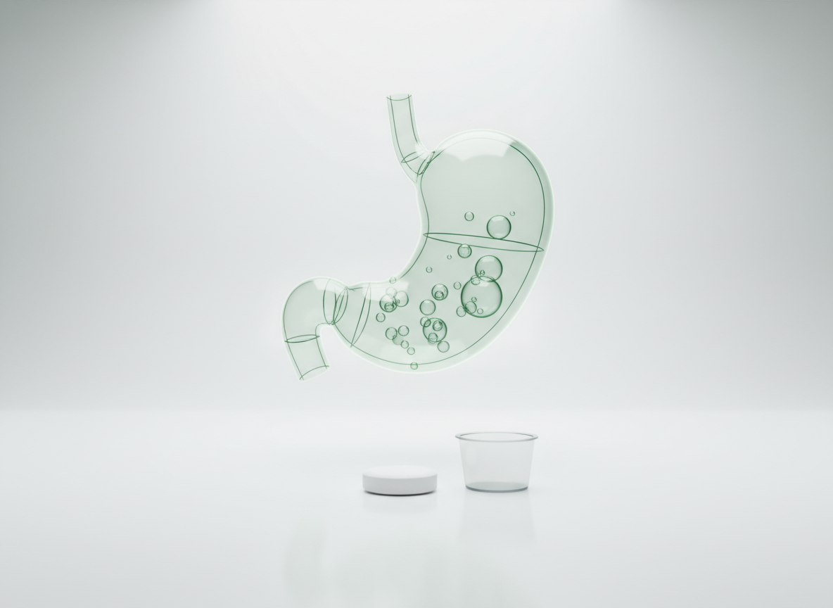 A glowing green glass hologram of a stomach with small gas bubbles merging, and a chewable tablet beside a dosing cup on a white surface