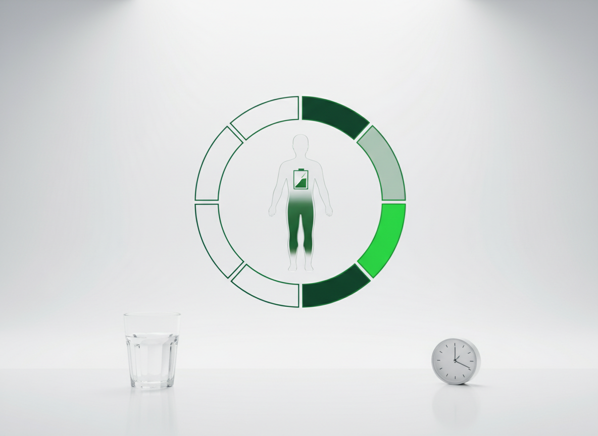 Glowing green hologram of a battery recharging above a weekly calendar ring, with a glass of water and a small clock on a white surface