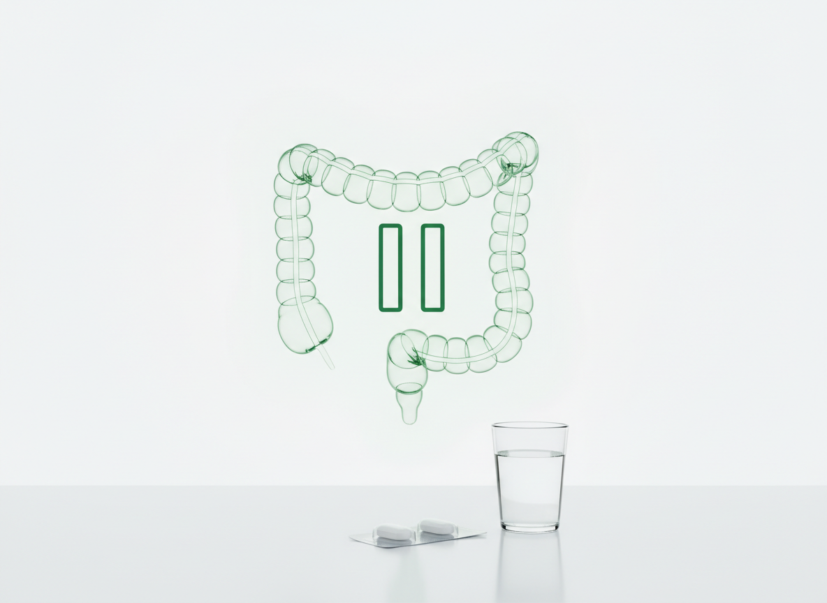 Glowing green hologram of a coiled intestine with a pause symbol, above a blister pack of two white caplets and a glass of water