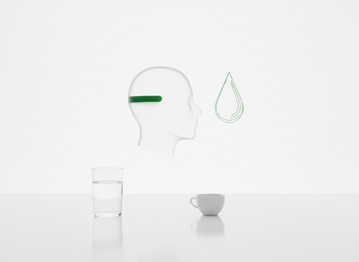 Translucent green hologram of a head in profile with a soft glow at the temples, beside a water droplet, above a glass of water