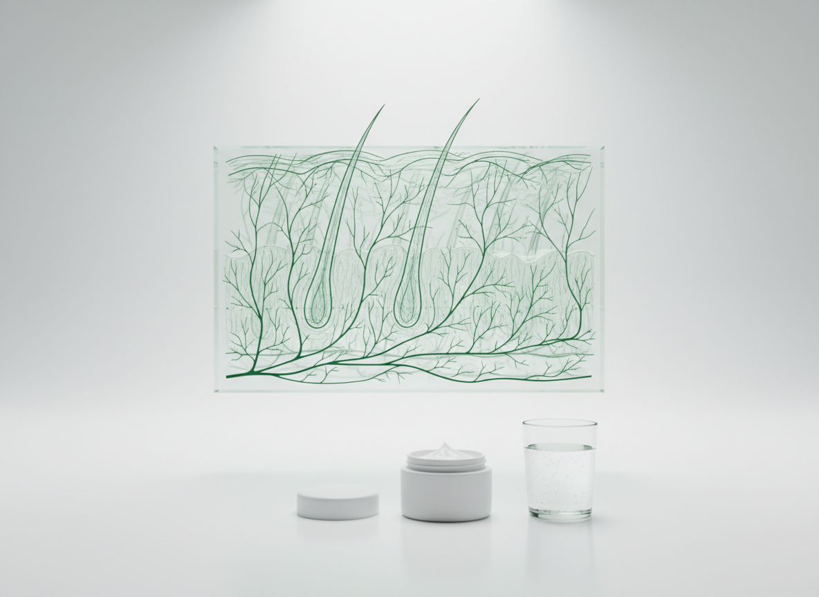 Glass hologram of layered skin cross-section in green light on white, with a jar of plain moisturizer and a glass of water in front