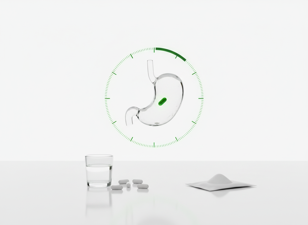 Glass hologram of a stomach with a single small tablet inside and a clock ring around it, with capsules and a small glass of water on a white surface