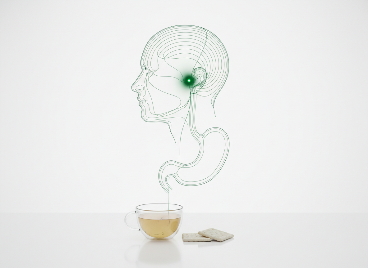 Glass hologram of a head with a glowing point in the brainstem connected by a thin line to a full stomach, above a cup of ginger tea and a few plain crackers on a white surface